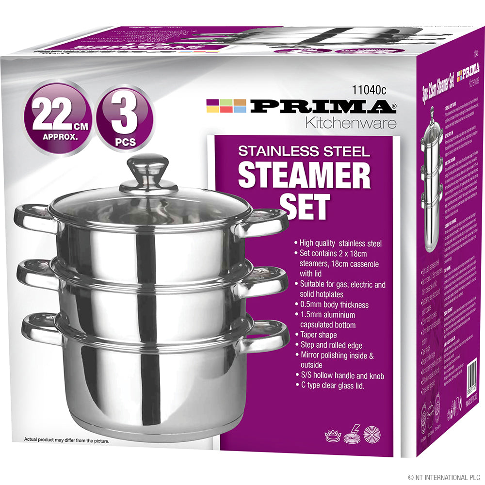 22cm 3pc S/S Steamer with Glass Lid