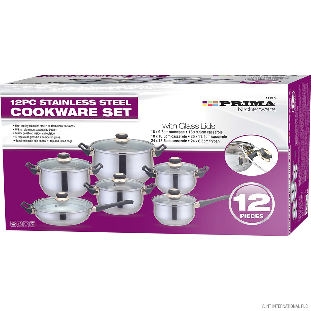 12pc S/S Cookware Set with Glass Lids 16-24cm