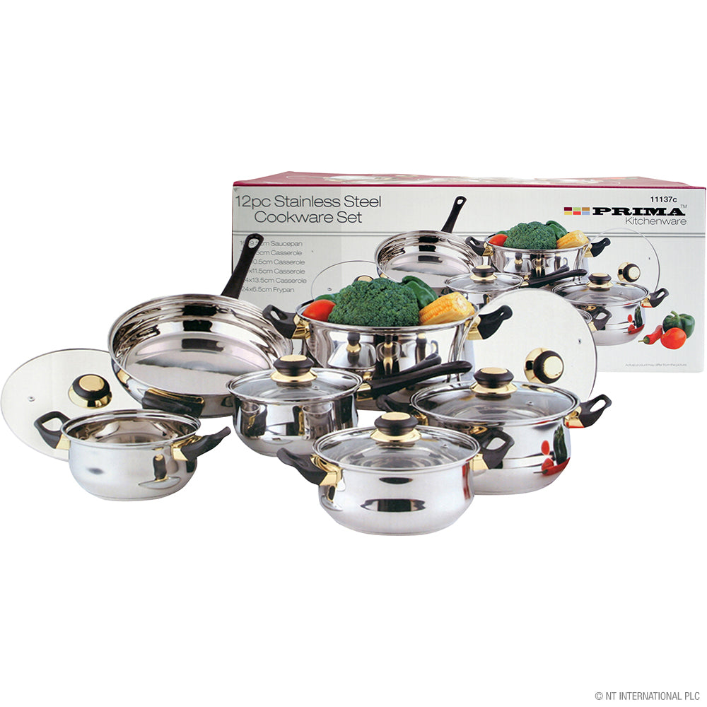 12pc S/S Cookware Set with Glass Lids 16-24cm