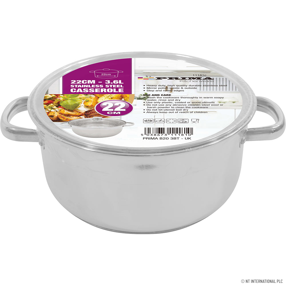 22cm S/S Casserole Induction Base With Glass