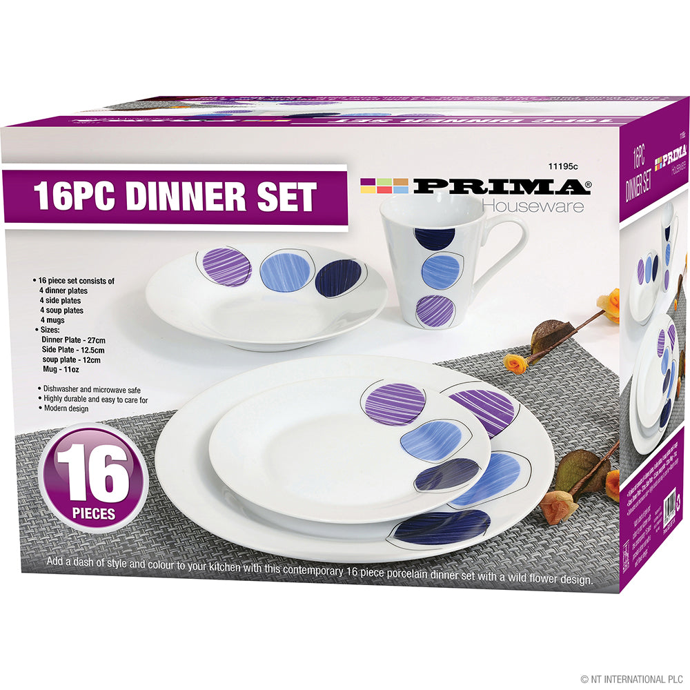 16pc Dinner Set with Blue, Black and Purple