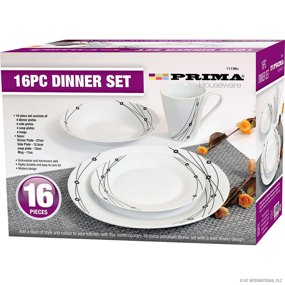 16pc Dinner Set with Black Floral Design
