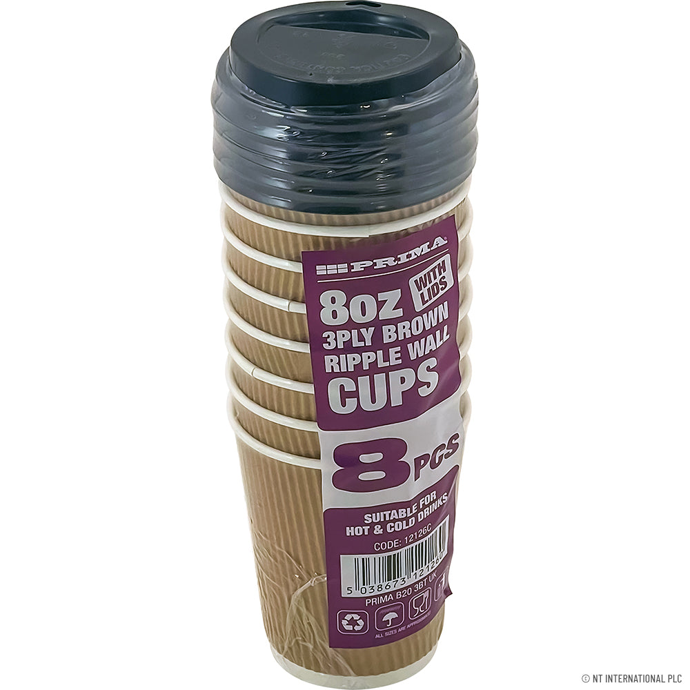 8PC - 8Oz Ripple Wall Cup with lid (Brown)