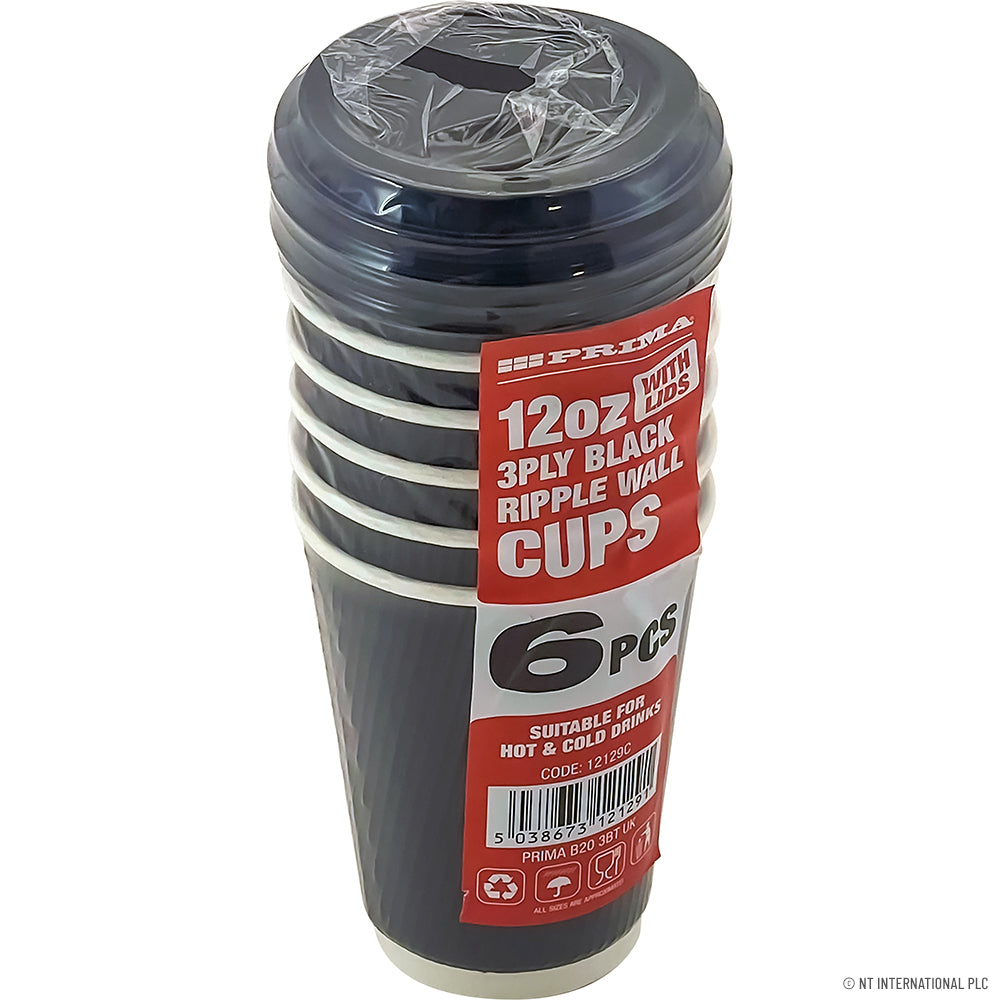 6PC - 12Oz Ripple Wall Cup with lid (Brown)