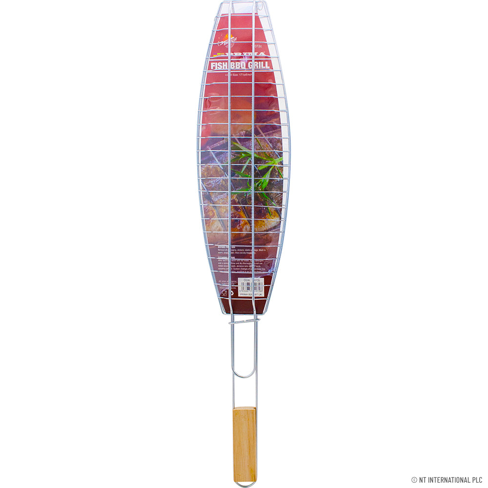 Fish BBQ Grill Chrome - Wooden Handle