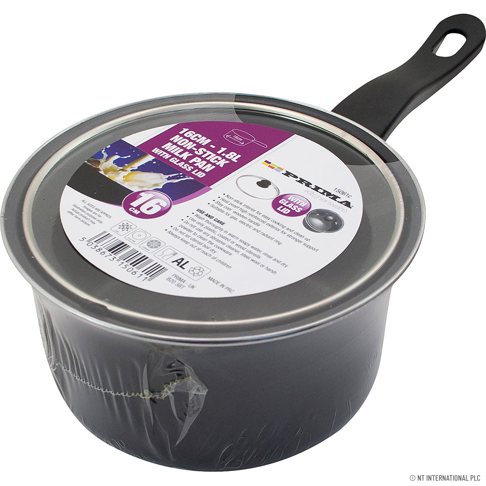 16cm Milk Pan - Glass Lid Black Handle