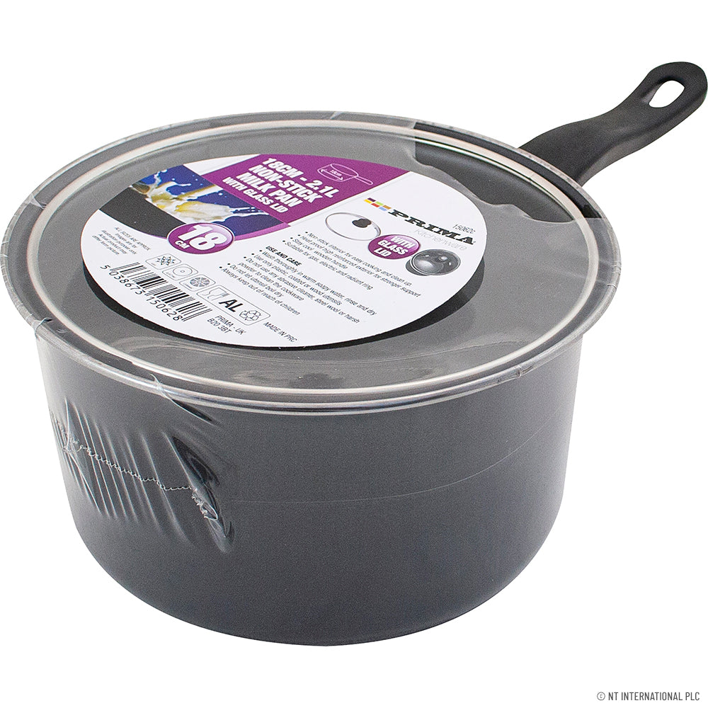 16cm Milk Pan - Glass Lid Black Handle