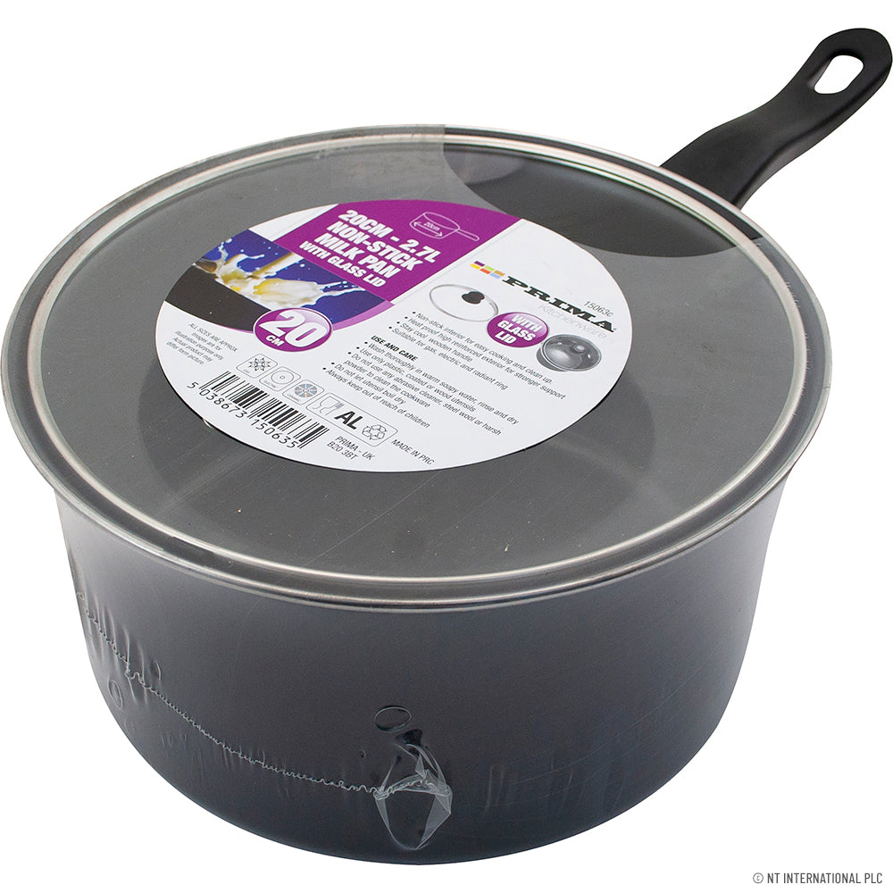 16cm Milk Pan - Glass Lid Black Handle