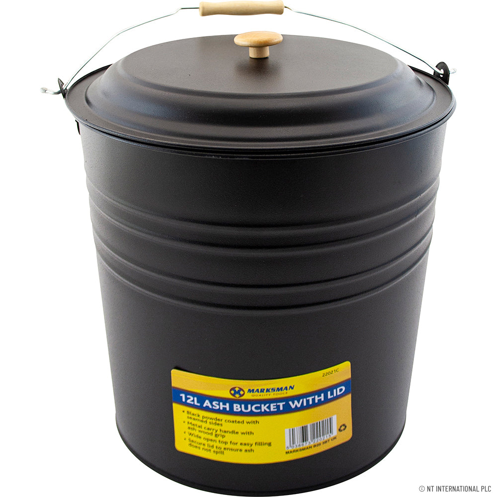 12L Ash Bucket / Bin with Lid - Black