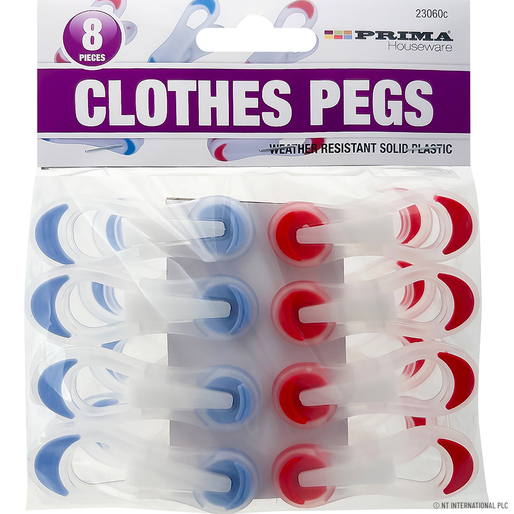 8pc Plastic Clothes Pegs - Comfort Grip