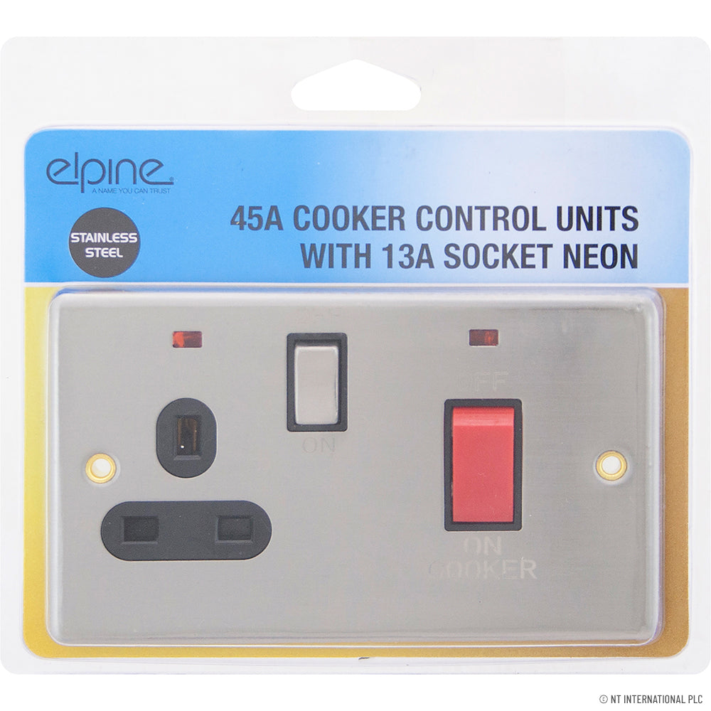 45A Cooker Switch - 13A Socket Neon S/Steel