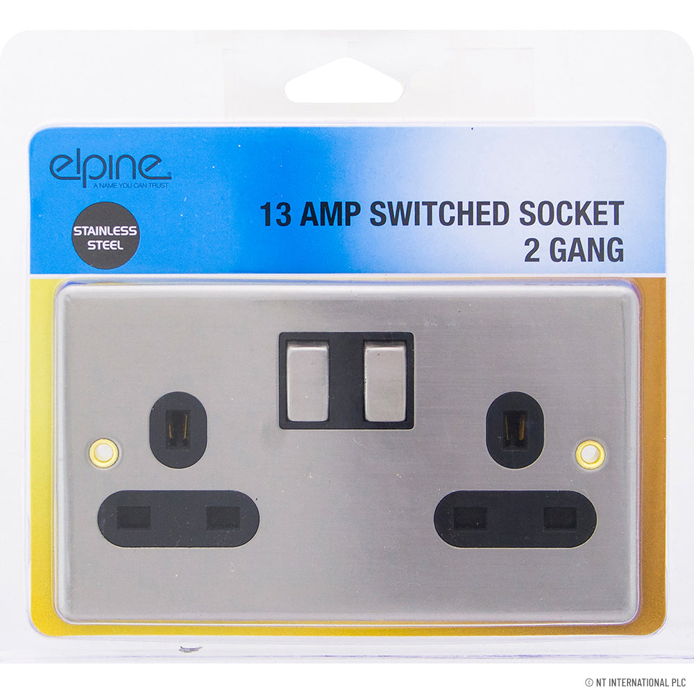 Peak Kit 13A 2 Gang Switched Socket Stainless Steel - Peak Kit