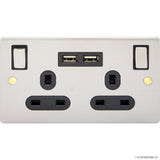 13A Double Socket - 2 USB 2.4A S/Steel