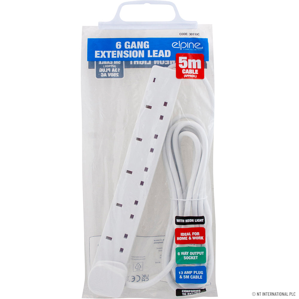6 Way 2M Extension Lead with Neon Light