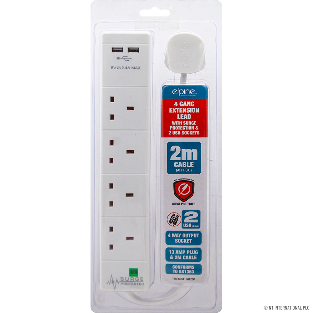 Peak Kit 4 Gang 2M Extension Lead Surge 2 USB DB - Peak Kit