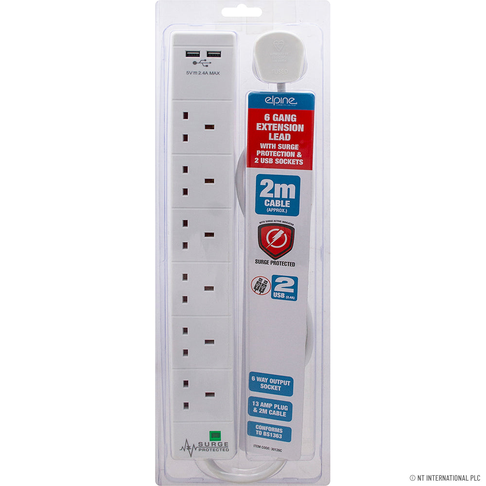 6 Gang 2M Extension Lead Surge 2 USB DB