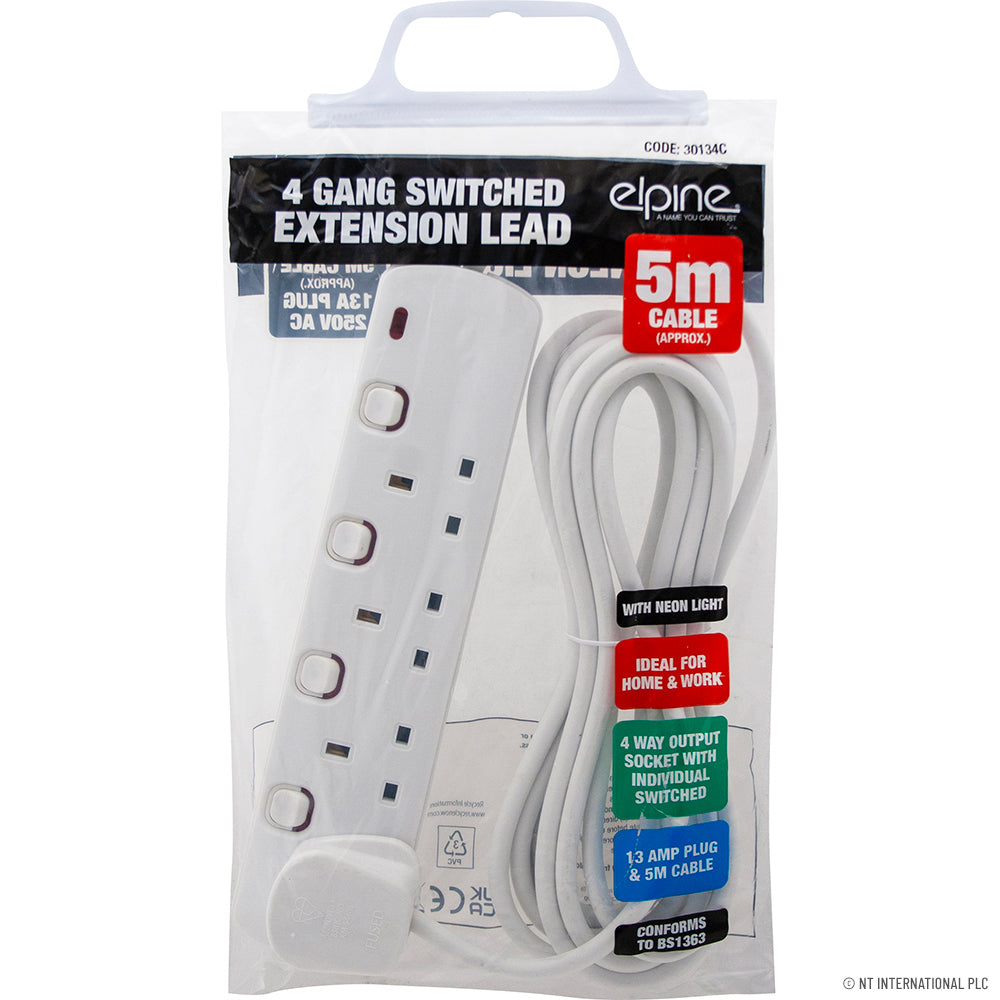 4 Way 2M Switched Extension Lead Indiv. + Neo