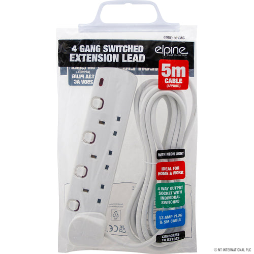 4 Way 2M Switched Extension Lead Indiv. + Neo