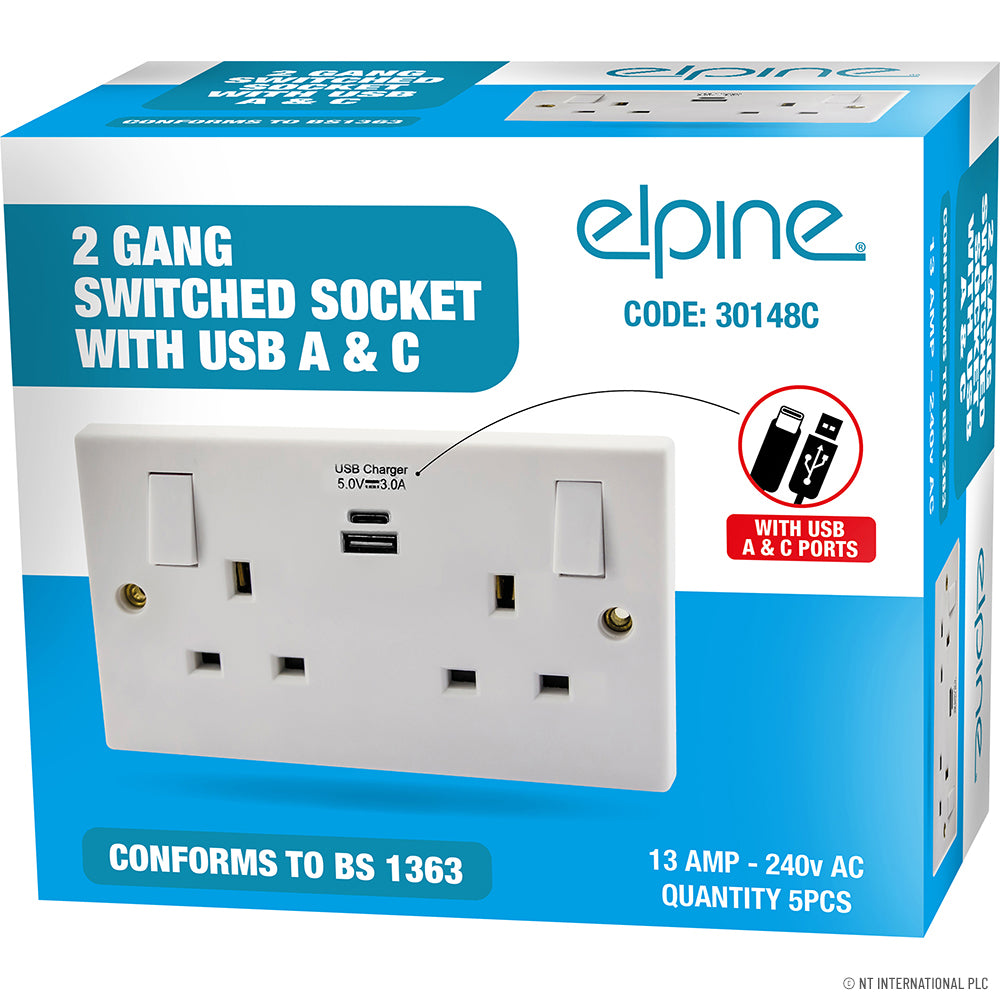 New Double Socket W/2 USB, Type A+C 2.4A, Pol