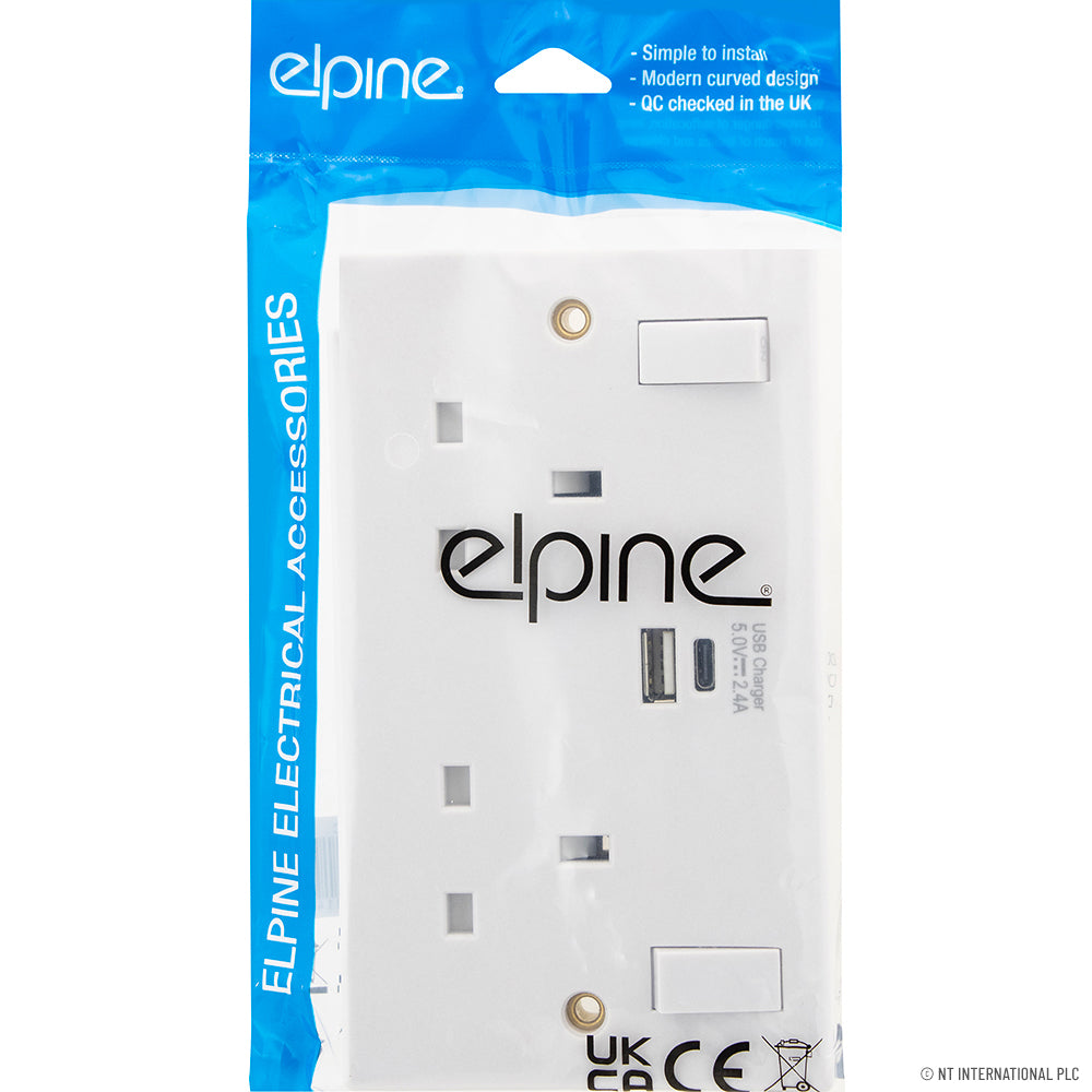 New Double Socket W/2 USB, Type A+C 2.4A, Pol
