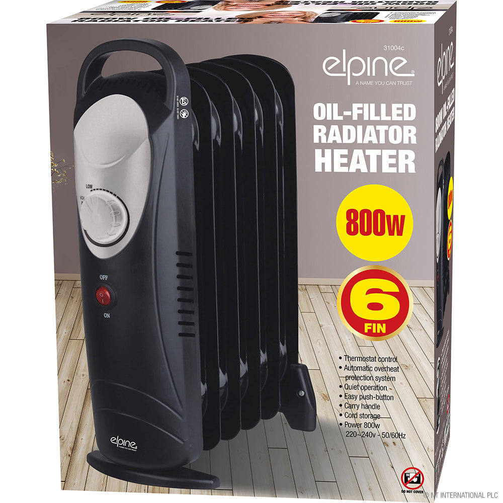 800w 6 Fin Mini Oil Radiator Heater Black