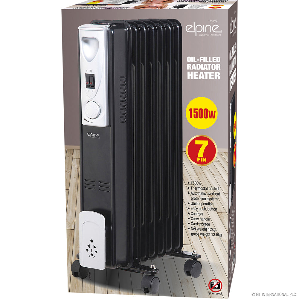 1500w 7 Fin Oil Filled Radiator Heater Black