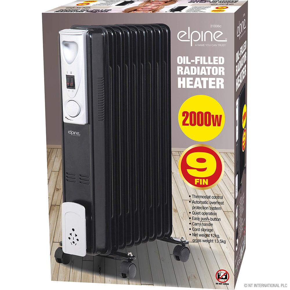 2000w 9 Fin Oil Filled Radiator Heater Black