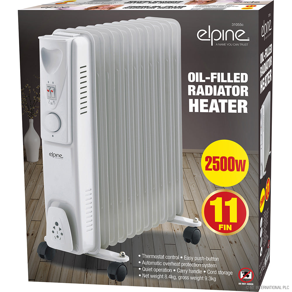 2500w 11 Fin Oil Filled Radiator Heater Black