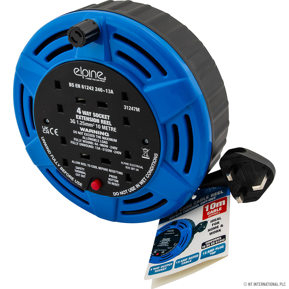 10m Cable Reel - 4 Way Socket 13A