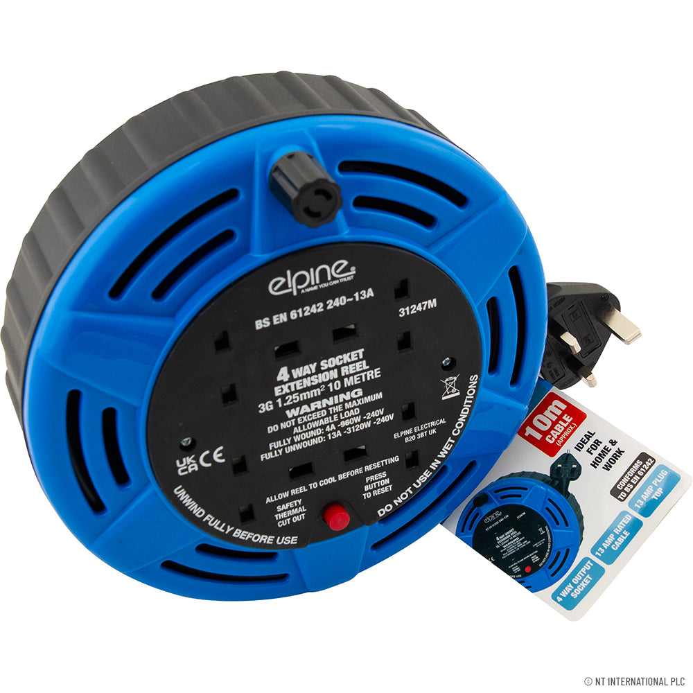 10m Cable Reel - 4 Way Socket 13A