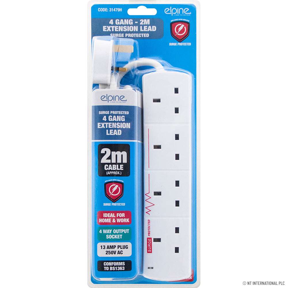 4 Way 2m Surge Extension Lead - D/Blister