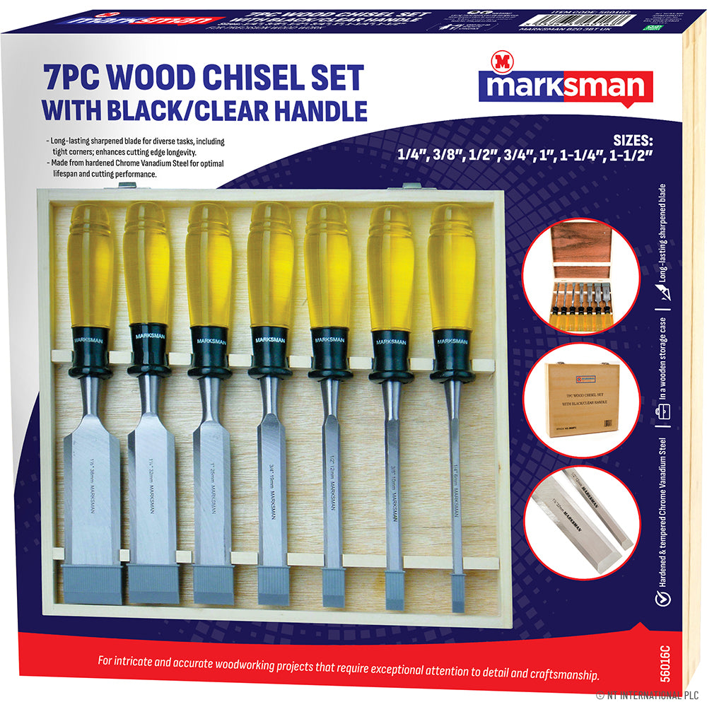 7pc Wood Chisel Set - Wooden Box - Clear