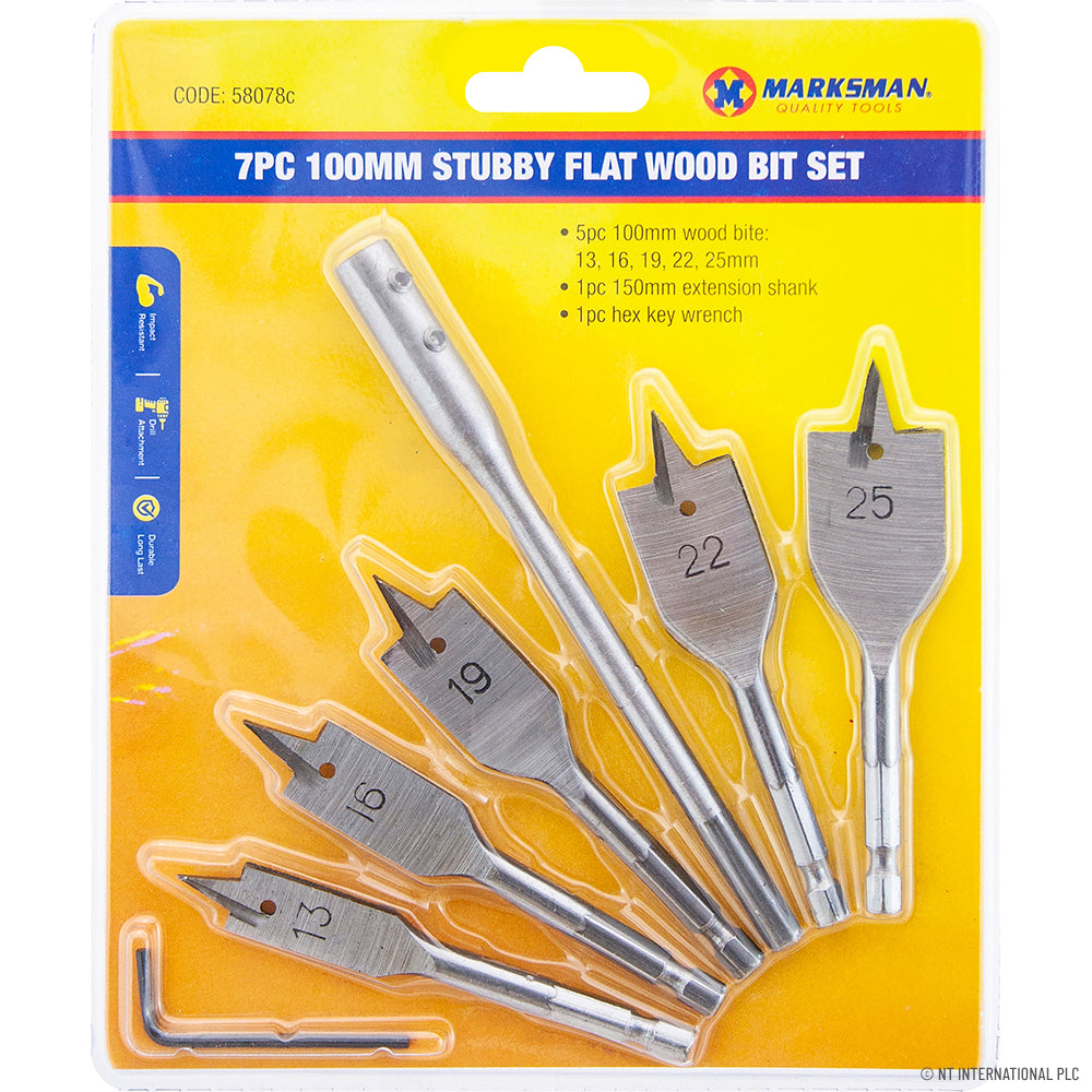 7pc Stubby Flat Wood Bit Set - 100mm