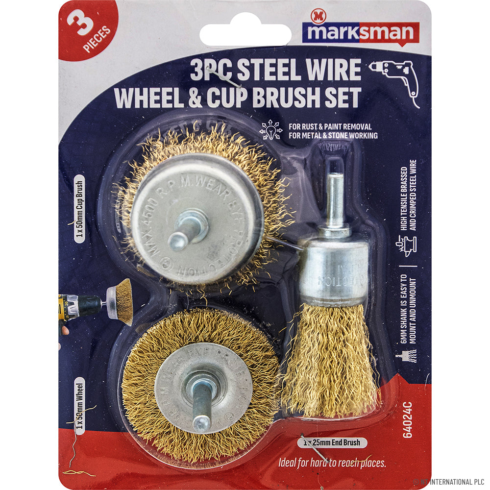 3pc Steel Wire Wheel & Cup Brush Set