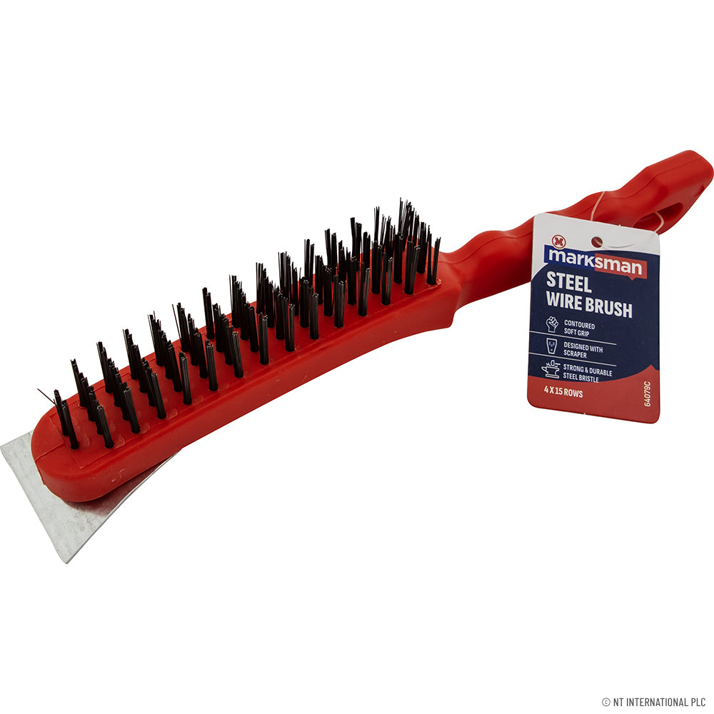 4 Row Wire Brush with Scraper - Red Handle