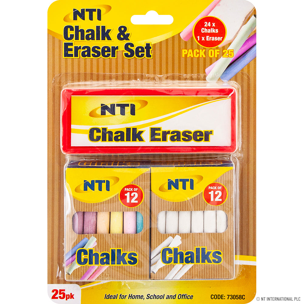 25pk Chalk & Eraser Set - White , Coloured