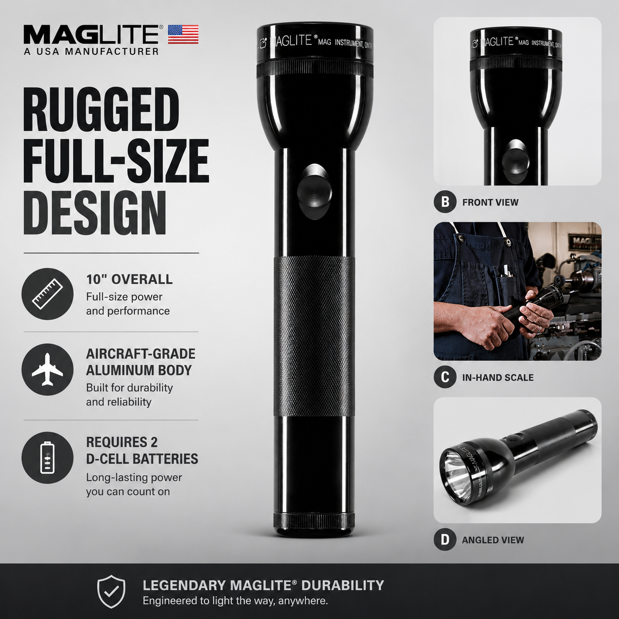 Mag-Lite 2 D Cell Black Flashlight – 10 Inch Aluminium Torch S2D015