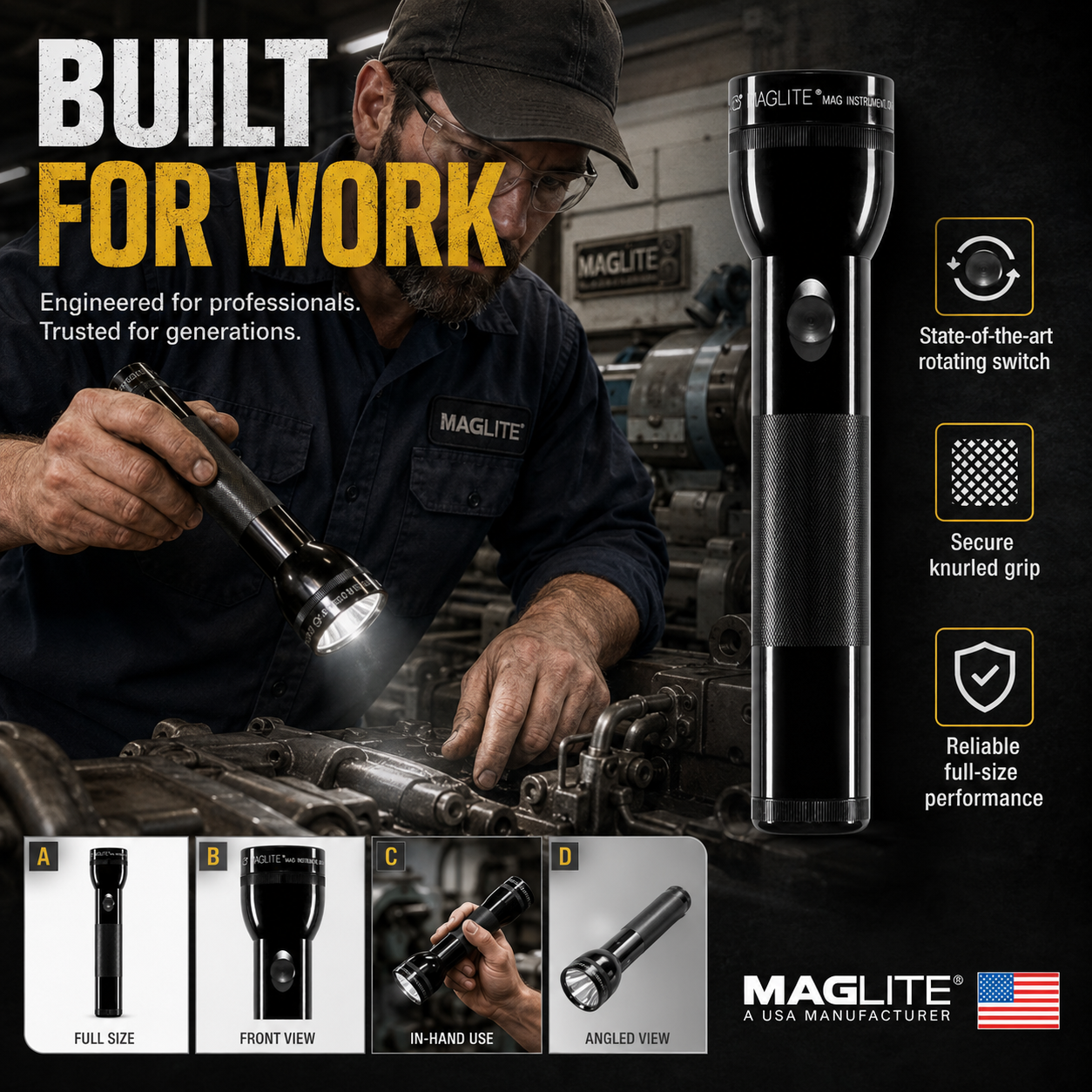 Mag-Lite 2 D Cell Black Flashlight – 10 Inch Aluminium Torch S2D015