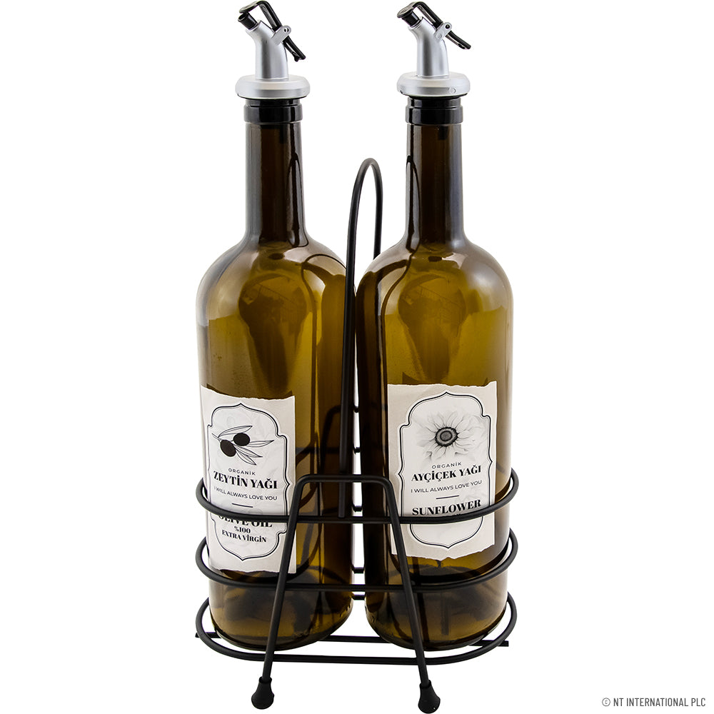 2 Pcs Green Oil Bottle with Metal Stand
